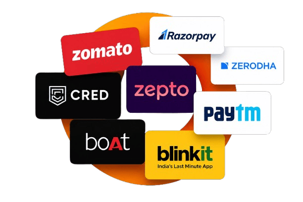 Collage of Indian startup logos including Zomato, Razorpay, CRED, Zepto, Paytm, and Blinkit